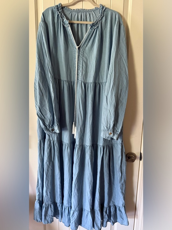 Dresses & Skirts - Light Blue Tiered Long Sleeve Maxi Dress with POCKETS 100% cottton